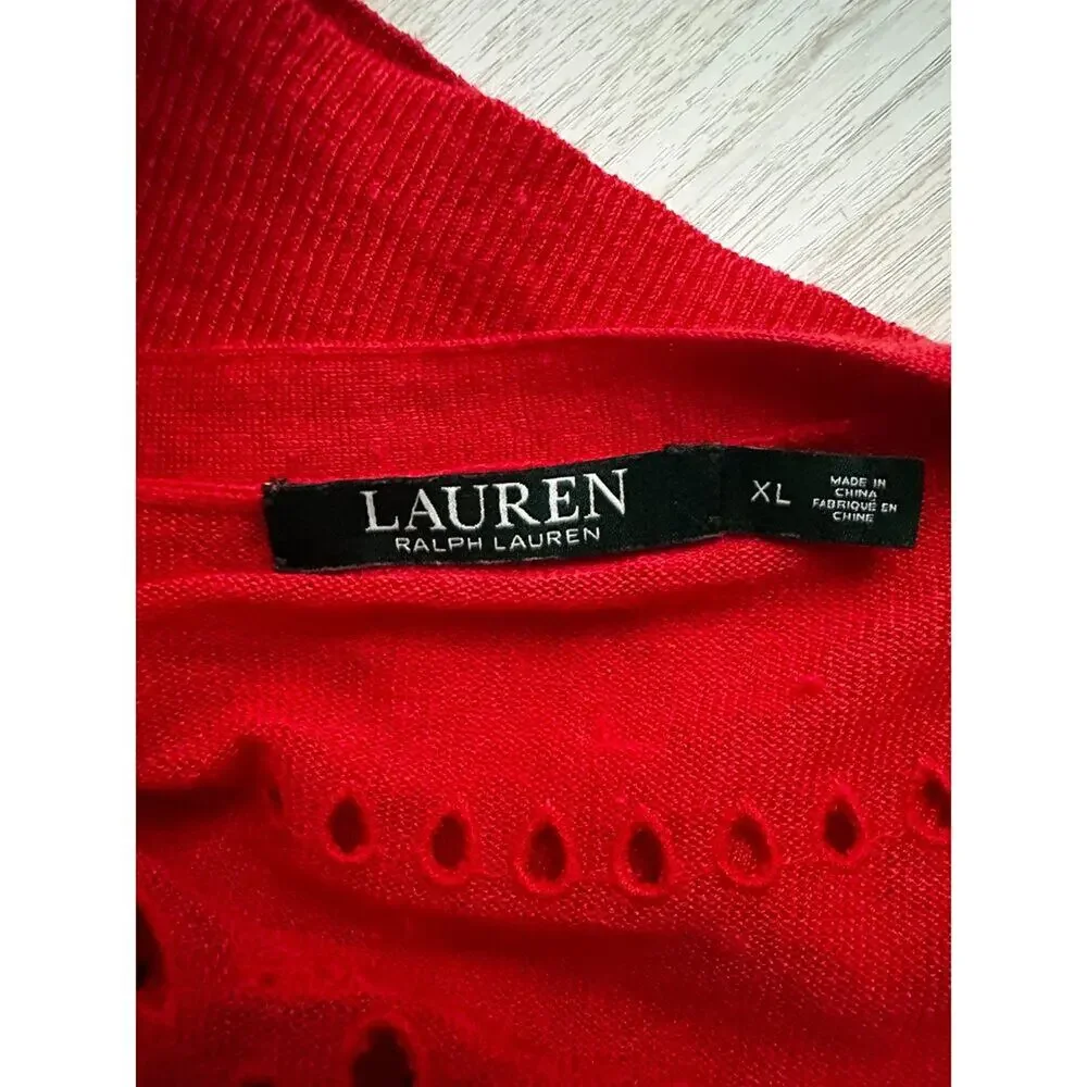RALPH LAUREN Red Eyelet Back Long Sleeve Linen Cardigan Size XL